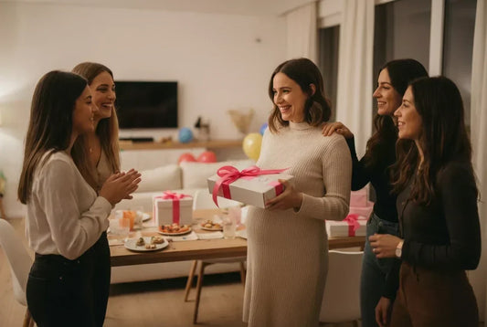 Femme enceinte souriante recevant un cadeau baby shower entourée de ses amies lors d'une baby shower