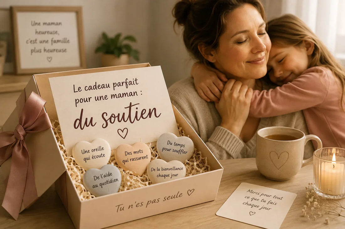 Cadeau jeune maman original : box de soutien avec messages bienveillants, ambiance cosy et tasse de thé