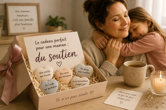Cadeau jeune maman original : box de soutien avec messages bienveillants, ambiance cosy et tasse de thé