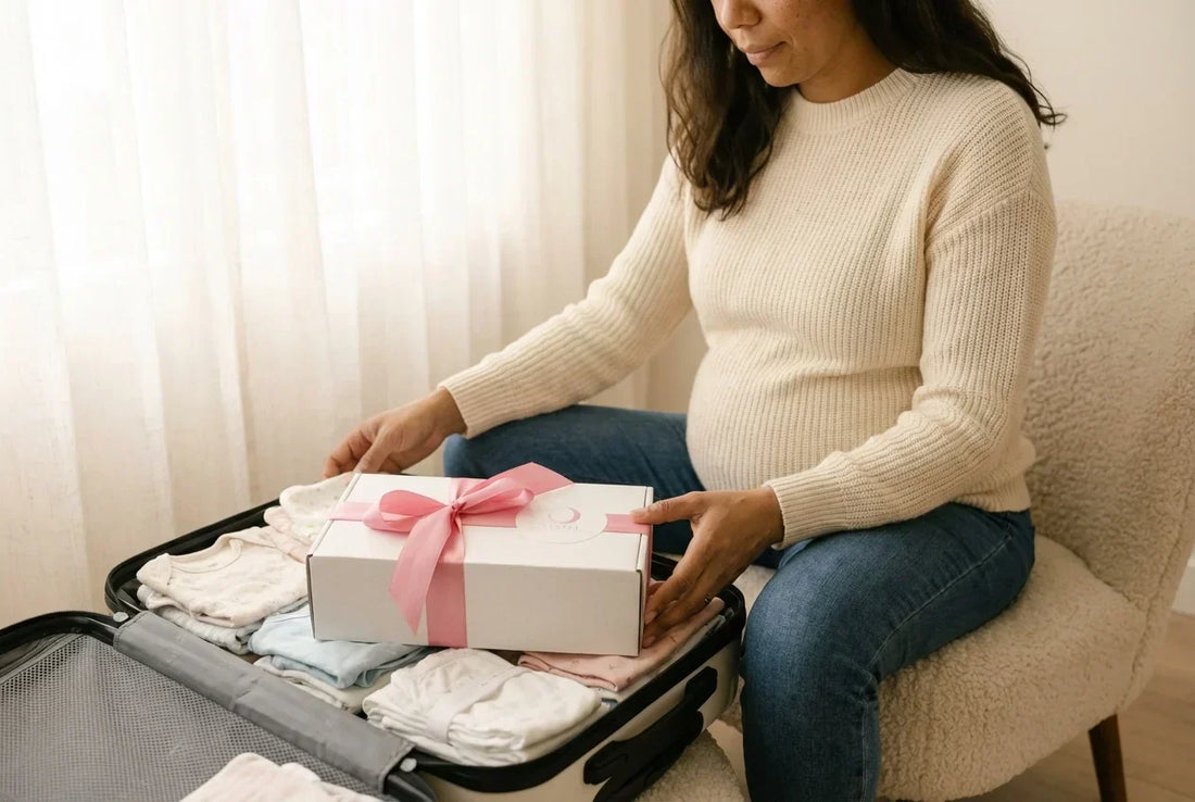 Femme enceinte qui prépare sa valise de maternité avec une box cadeau