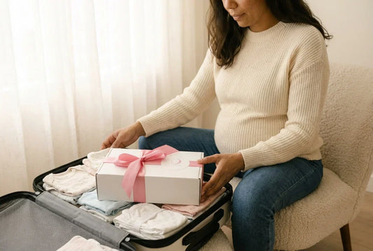 Femme enceinte qui prépare sa valise de maternité avec une box cadeau